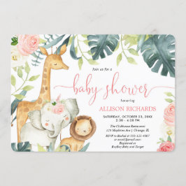 Invitación Chica floral rosa safari junglas animales bebé duc