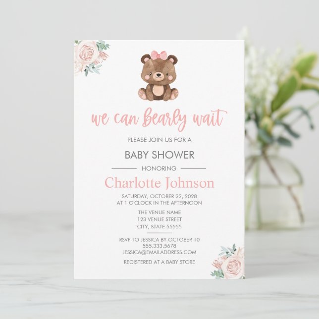 Invitación Chica Floral Rosa Teddy Bear Baby Shower (Anverso de pie)