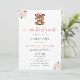 Invitación Chica Floral Rosa Teddy Bear Baby Shower