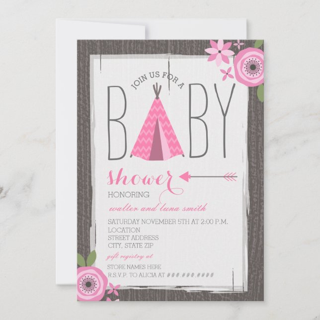 Invitación Chica Floral Rosa Tipi Baby Shower (Anverso)