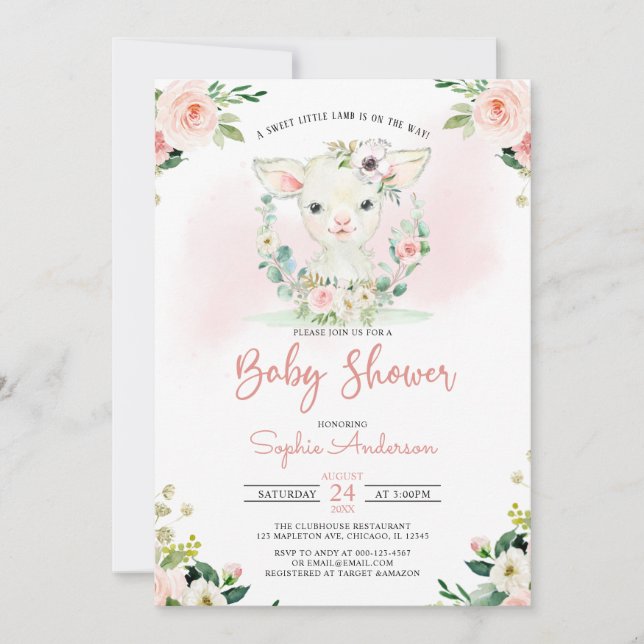 Invitación Chica Floral Rosa Un Pequeño Cordero Baby Shower (Anverso)