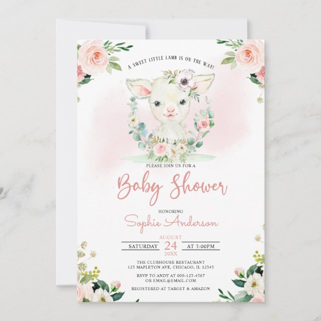 Invitación Chica Floral Rosa Un Pequeño Cordero Baby Shower (Anverso)