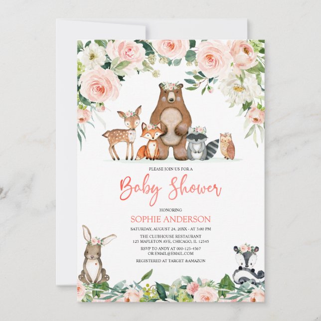Invitación Chica floral rosa Woodland Animales Baby Shower (Anverso)