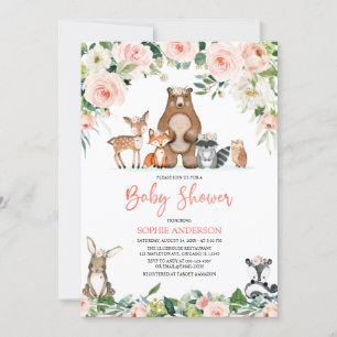 Invitación Chica floral rosa Woodland Animales Baby Shower