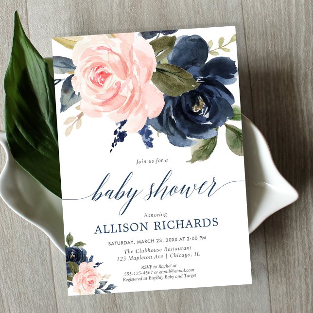Invitación chica floral rosa y azul marino Rubor ducha bebé (Subido por el creador)