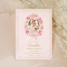 Invitación Chica Floral Rosa y Bow Foto Cumpleaños