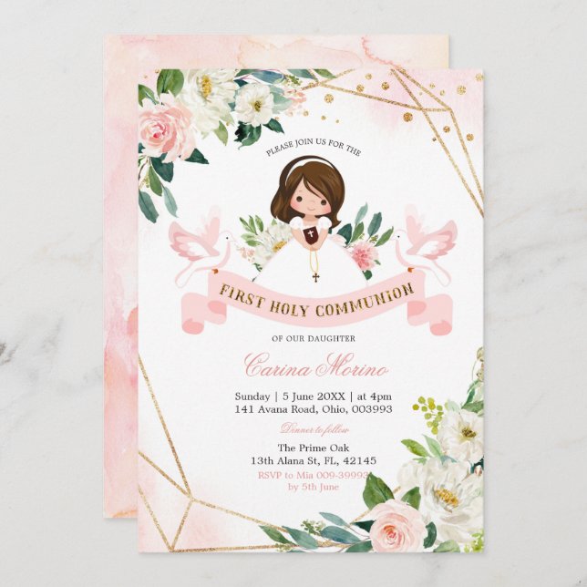 Invitación Chica floral rosa y dorada Primera comunión sagrad (Anverso / Reverso)
