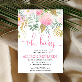 Invitación Chica floral rosa y dorado con ducha de bebé