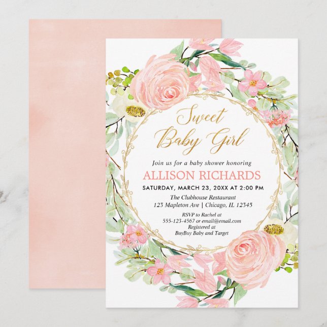 Invitación chica floral rosa y dorado Rubor ducha de bebé (Anverso / Reverso)