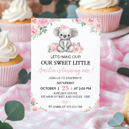 Invitación Chica floral rosada Cute Koala Cumpleaños