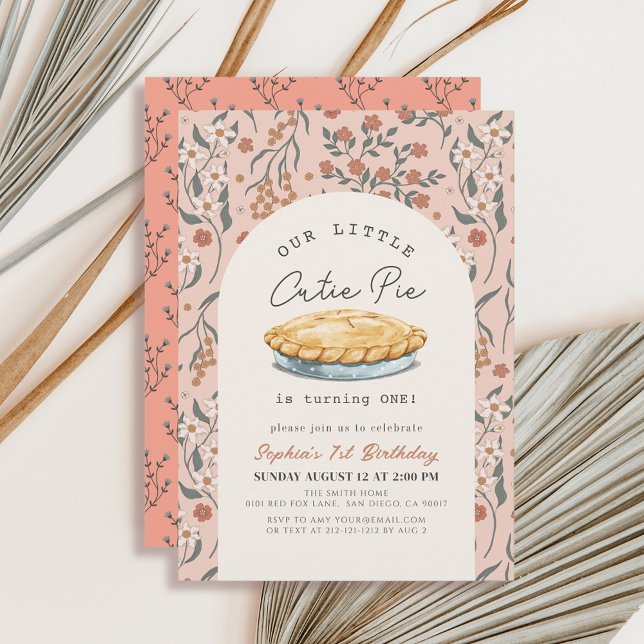 Invitación Chica floral rosada Cutie Pie Primer cumpleaños (Subido por el creador)