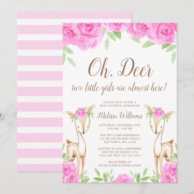 Invitación Chica floral rosado Baby Shower del gemelo de los (Anverso / Reverso)