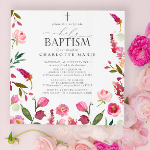 Invitación Chica floral rosado Bautismo sagrado Flores acuáti