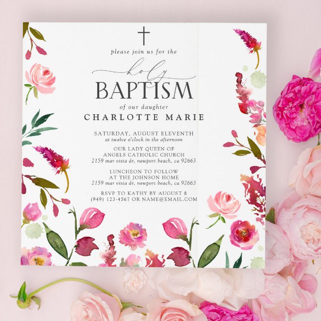 Invitación Chica floral rosado Bautismo sagrado Flores acuáti (Holy Baptism Invitations!)