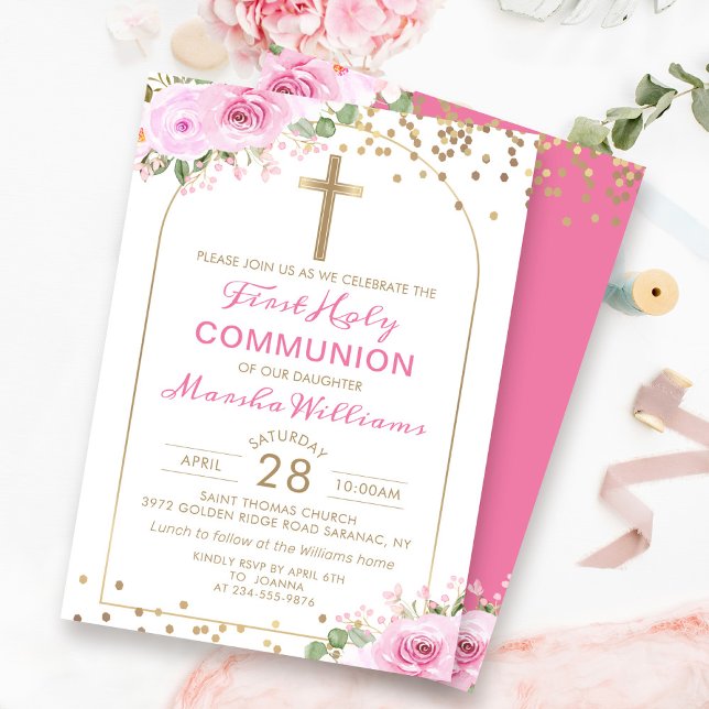 Invitación Chica floral rosado de oro de Arch, primera comuni (Subido por el creador)