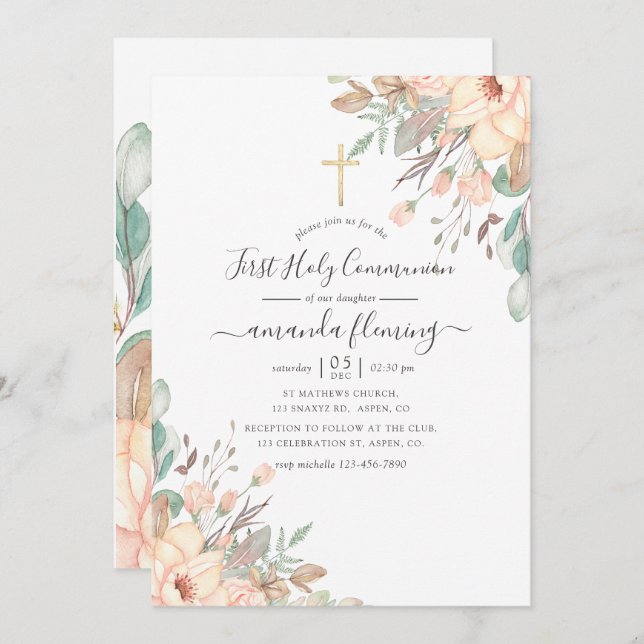 Invitación Chica floral rosado de Rubor: primera comunión sag (Anverso / Reverso)