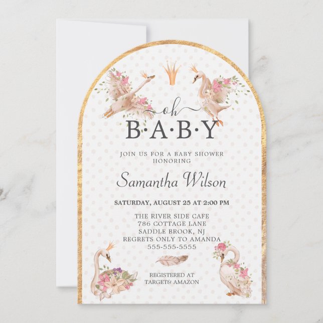 Invitación Chica floral rosado lindo Princesa de cisne Baby S (Anverso)
