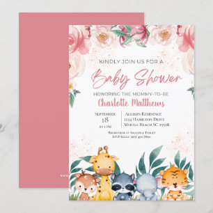 Invitación Chica floral rosado Safari Jungle Animales Baby Sh