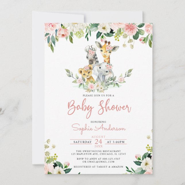 Invitación Chica floral rosado Safari Jungle Animales Baby Sh (Anverso)