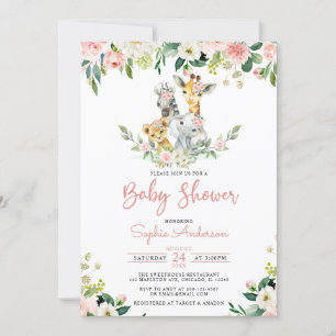 Invitación Chica floral rosado Safari Jungle Animales Baby Sh