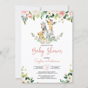 Invitación Chica floral rosado Safari Jungle Animales Baby Sh