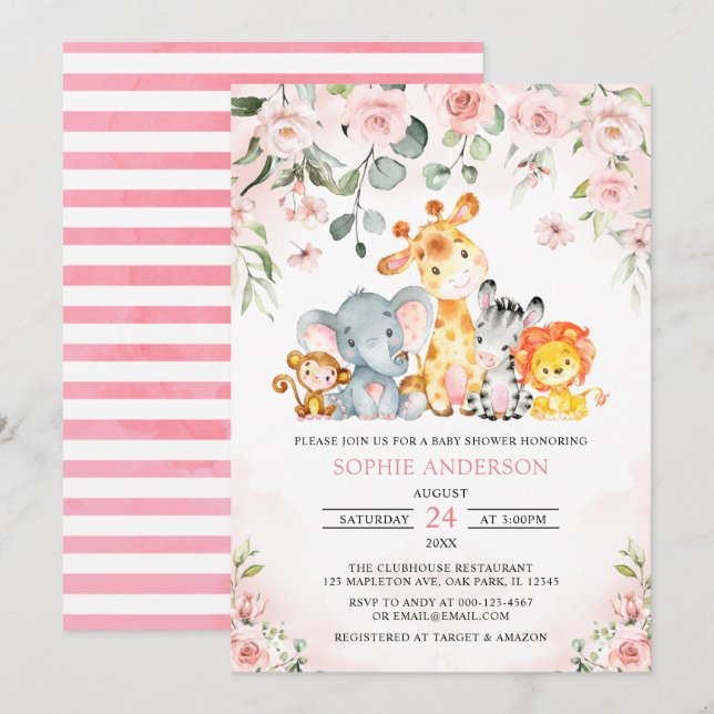 Invitación Chica floral rosado Safari Jungle Animales Baby Sh (Anverso / Reverso)
