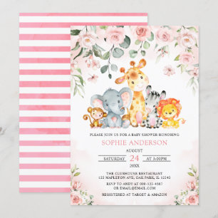 Invitación Chica floral rosado Safari Jungle Animales Baby Sh
