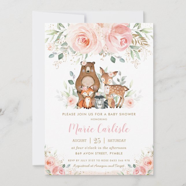 Invitación Chica Floral Rubor de Woodland Animales Baby Showe (Anverso)