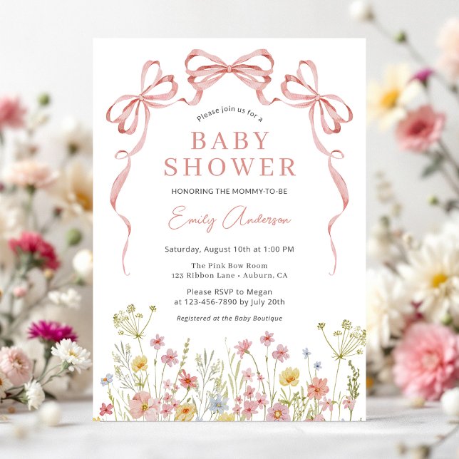 Invitación Chica Floral Rubor Pink Bow Wildflower Baby Shower (Subido por el creador)