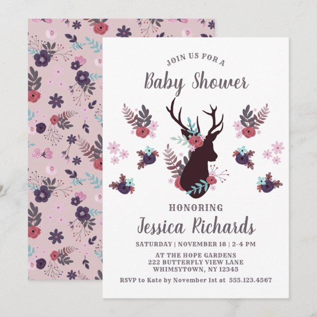 Invitación Chica floral Rustic Deer Head Mauve Baby Shower (Anverso / Reverso)
