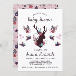 Invitación Chica floral Rustic Deer Head Mauve Baby Shower