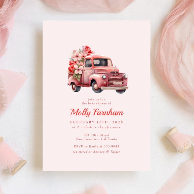 Invitación Chica floral Rústico de Camión de Granja Rosa Baby (Subido por el creador)