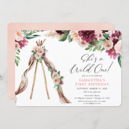 Invitación chica floral rústico y salvaje de 1° cumpleaños