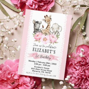 Invitación Chica floral Safari Baby Animales Cumpleaños