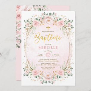 Invitación Chica floral suave Rubor rosa dorado baptismo fran