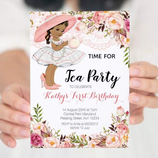 Invitación Chica floral Tea Birday Party African American (Subido por el creador)