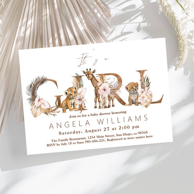 Invitación Chica floral tropical de Safari Animal Baby Shower (Subido por el creador)