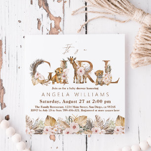 Invitación Chica floral tropical de Safari Animal Baby Shower