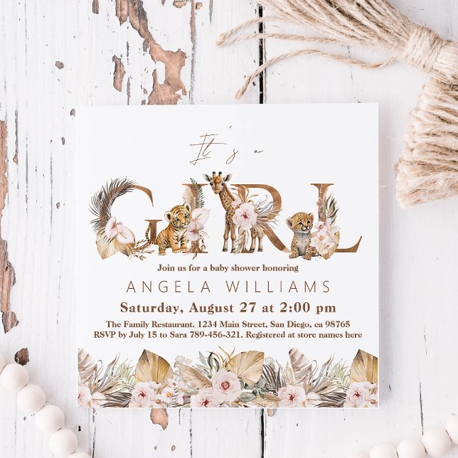 Invitación Chica floral tropical de Safari Animal Baby Shower (Subido por el creador)