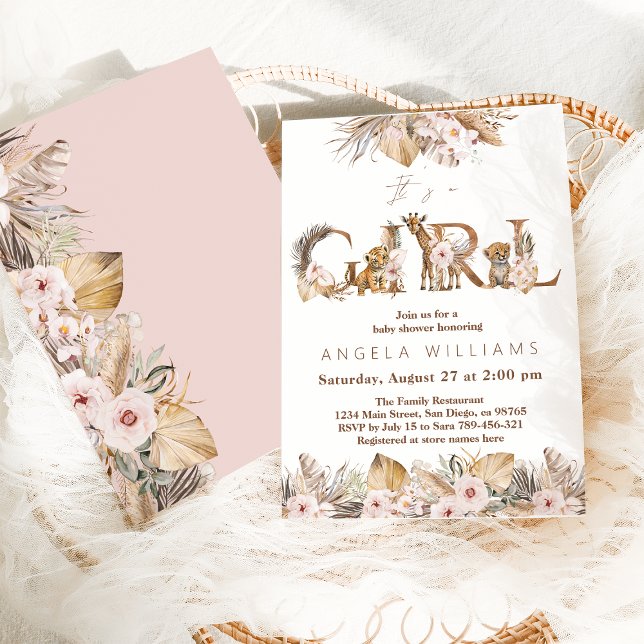Invitación Chica floral tropical de Safari Animal Baby Shower (Subido por el creador)