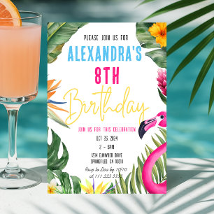 Invitación Chica floral tropical Flamingo Luau Kids Cumpleaño