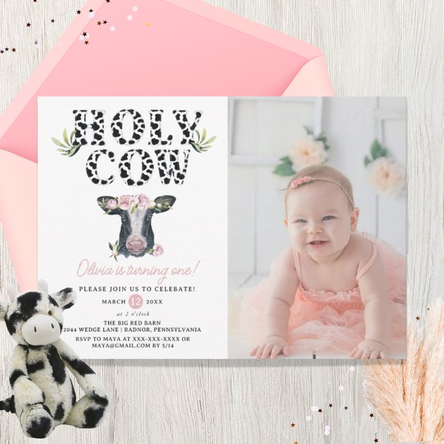 Invitación Chica floral Vaca sagrada foto de primer cumpleaño (Subido por el creador)