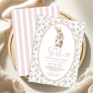Invitación Chica Floral Vintage Bunny Pink Bow Baby Shower