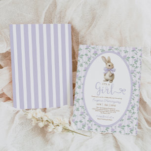 Invitación Chica Floral Vintage Bunny Purple Bow Baby Shower