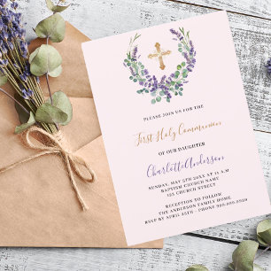 Invitación Chica floral violeta Lavender Primera Comunión