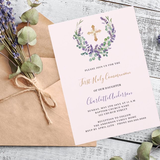 Invitación Chica floral violeta Lavender Primera Comunión (Subido por el creador)