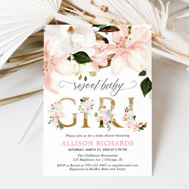 Invitación chica florido de encaje rosa Rubor ducha de bebé (Subido por el creador)