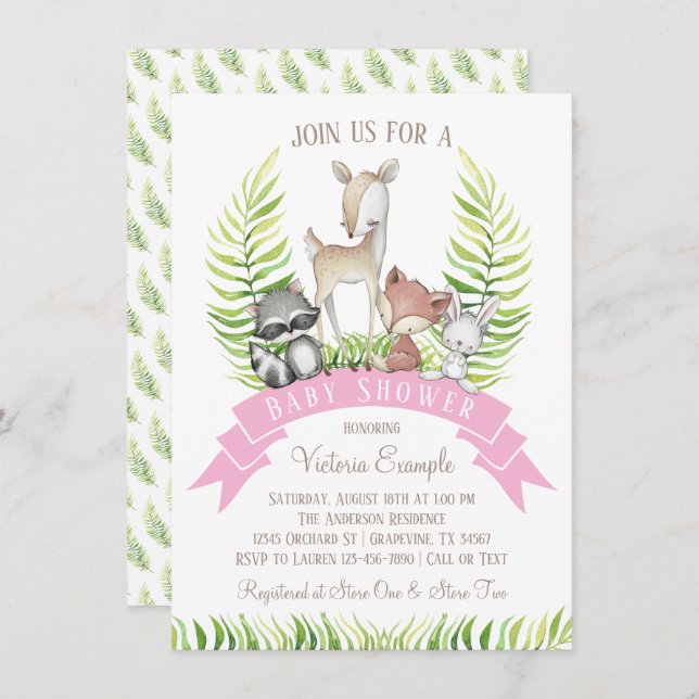 Invitación Chica Forest Woodland Greenery Baby Shower (Anverso / Reverso)