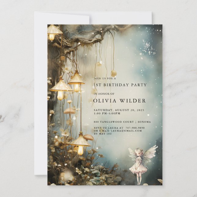 Invitación Chica Forestal Encantado Primer Cumpleaños Mushroo (Anverso)