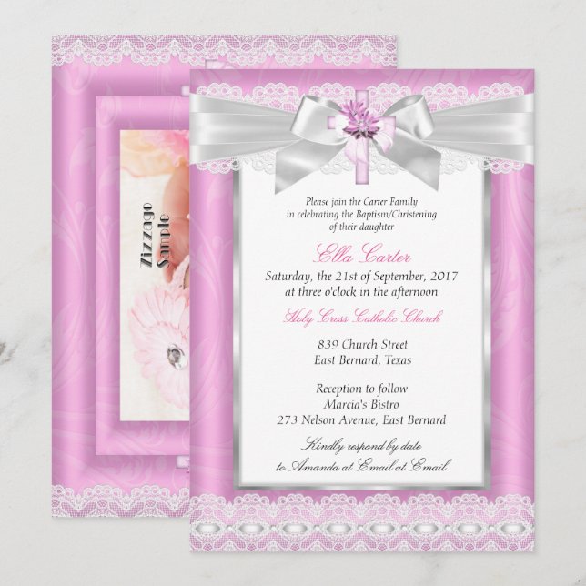 Invitación Chica Foto Cruz Floral Rosa Baptismo Christening (Anverso / Reverso)